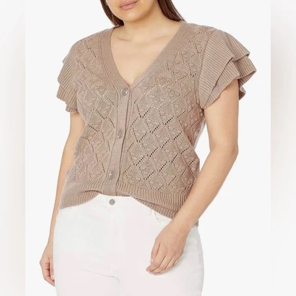 The Drop Emma Tan Pointelle Knit Double Ruffle Sleeve Button Cardigan Size XL